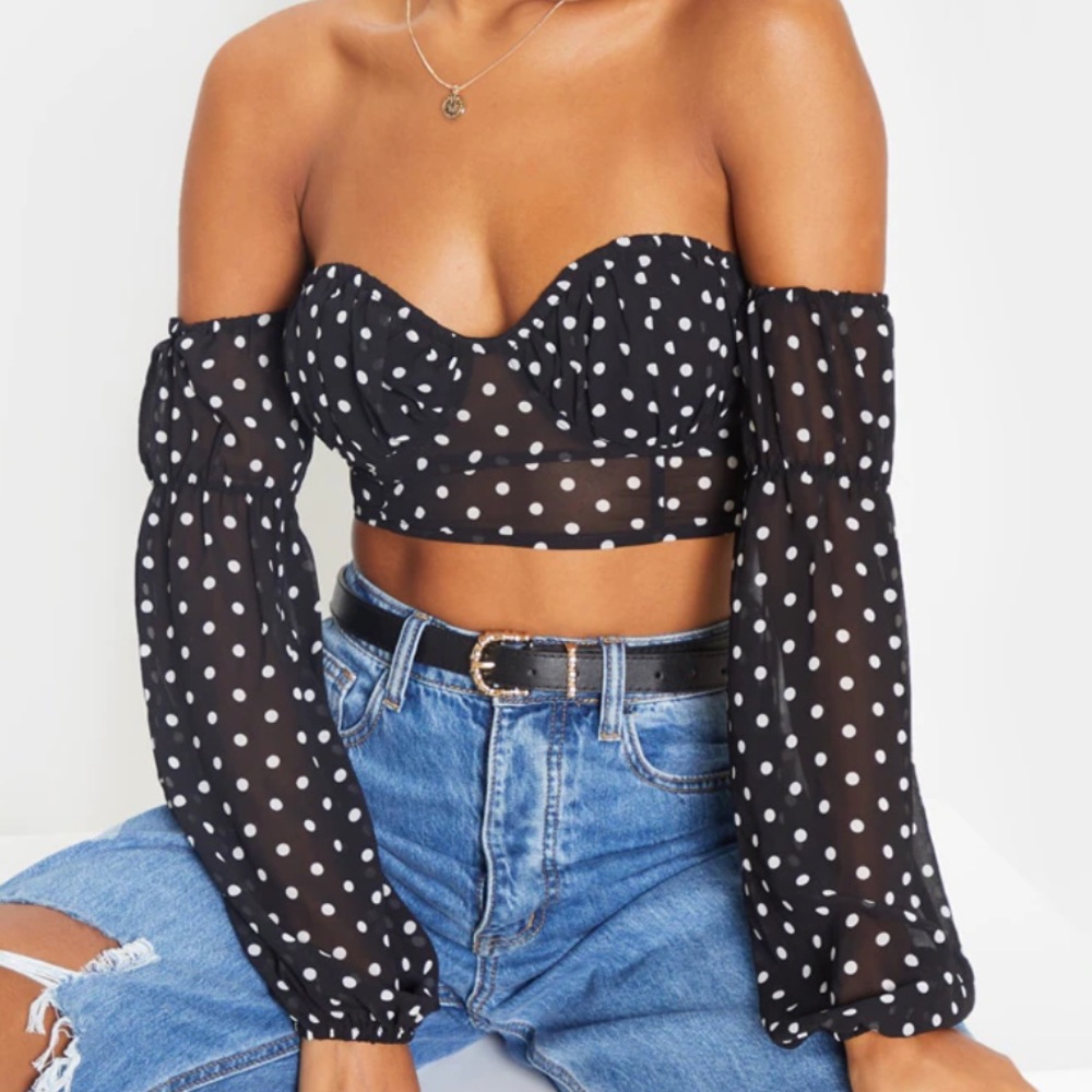 PLT Black Polka Printed Mesh Sweetheart Bardot Crop Top